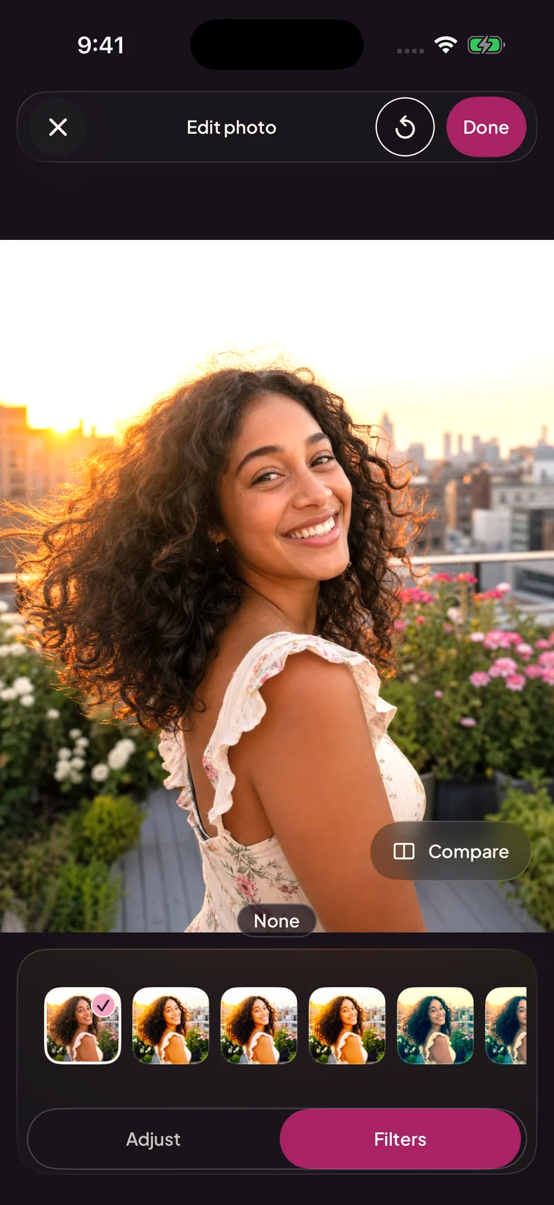 Angles photo editor showing the original portrait, a Compare control, and Adjust and Filters tools.